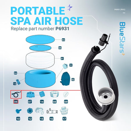 P6931 portable spa air inflation hose pipe with connector nozzle and threaded end cap.