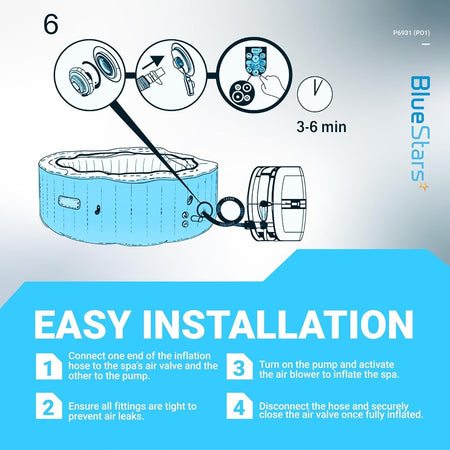 Installation diagram for P6931 air inflation hose pipe connecting a spa to an air pump.