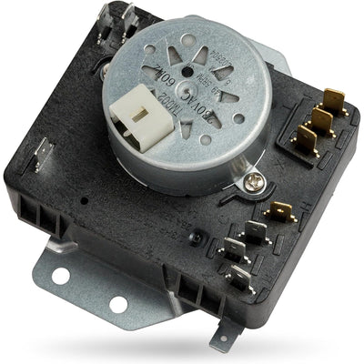 W10185982 dryer timer replacement with metal motor housing and electrical terminal connectors.
