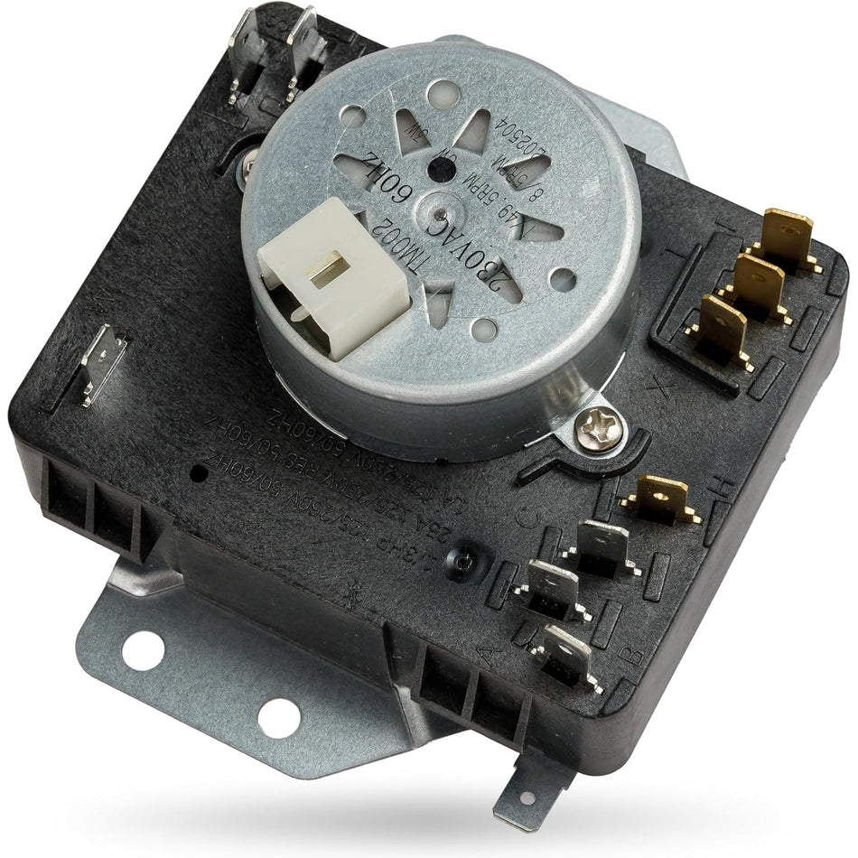 W10185982 dryer timer replacement with metal motor housing and electrical terminal connectors.