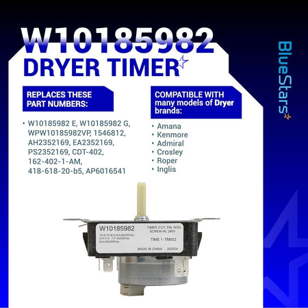 W10185982 dryer timer replacement part with compatibility and cross-reference information graphic.