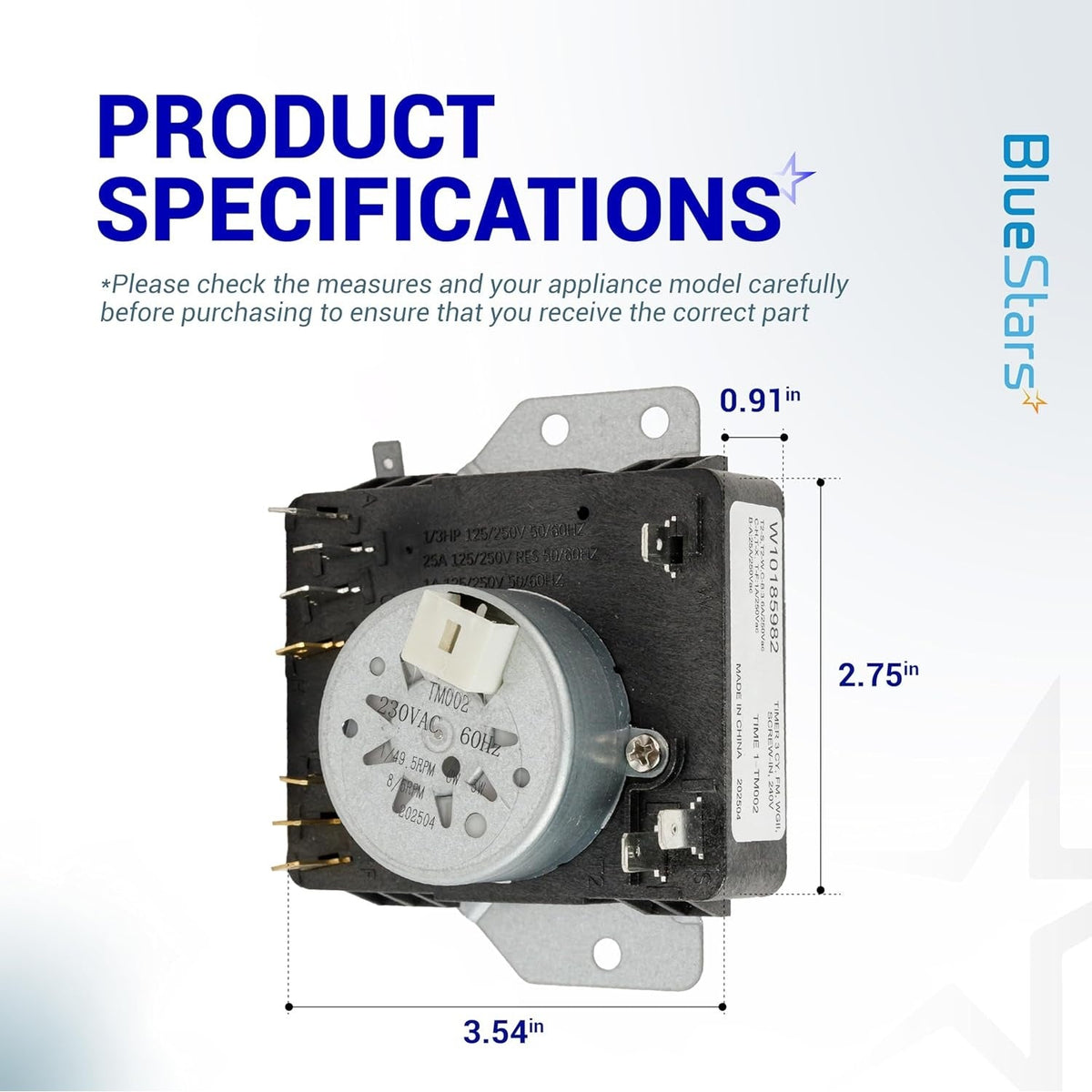 W10185982 dryer timer specification diagram showing dimensions and technical details for Whirlpool compatible parts.