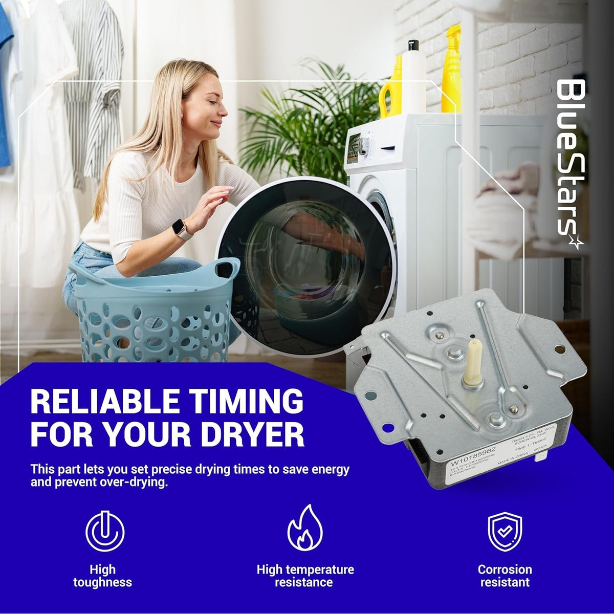 W10185982 dryer timer replacement part shown in a lifestyle graphic with laundry room background.