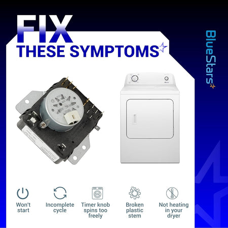 W10185982 dryer timer replacement part shown with a compatible dryer and common repair symptoms.