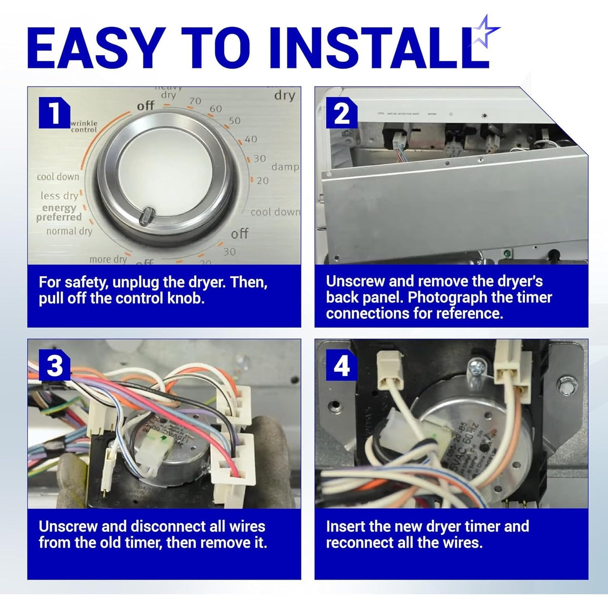 Four-step installation guide for W10185982 dryer timer showing knob removal and wiring connection process.