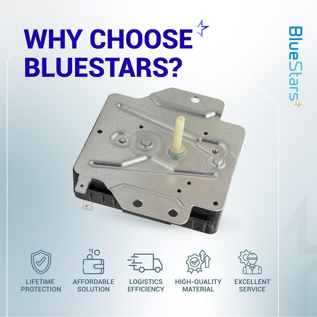 W10185982 dryer timer replacement part shown in a BlueStars branded promotional graphic.
