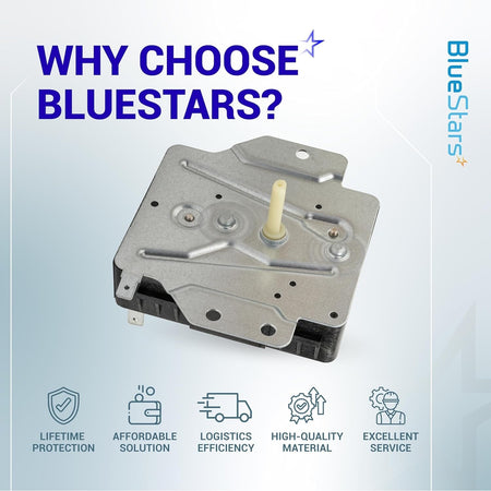 W10185982 dryer timer replacement part shown in a BlueStars branded promotional graphic.