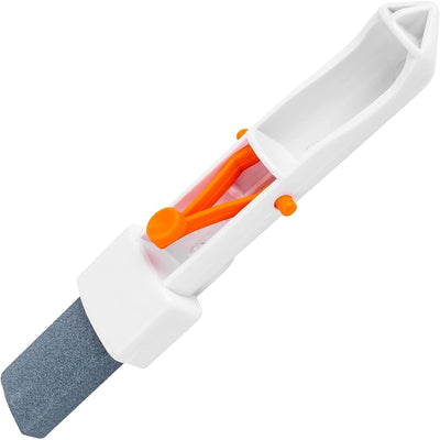 Pool pumice stone cleaning tool with white plastic EZ-Clip handle and orange locking mechanism.