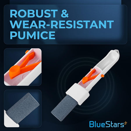 Pool pumice stone with EZ-Clip handle showing close-up of the clip mechanism and stone attachment.