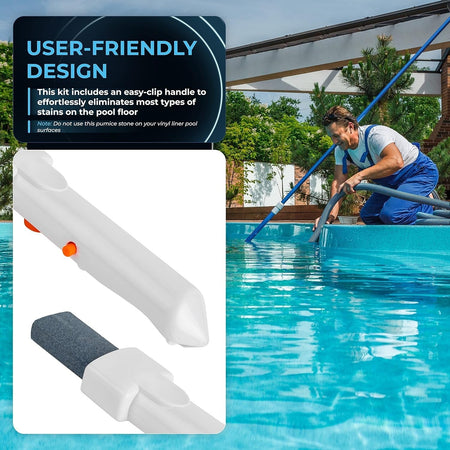 Close-up of pool pumice stone attached to an EZ-Clip handle for cleaning pool floor stains.