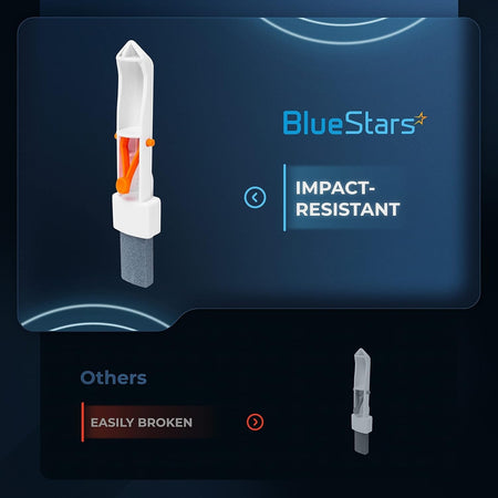 Comparison graphic showing BlueStars impact-resistant pool pumice stone with EZ-clip handle versus fragile alternatives.