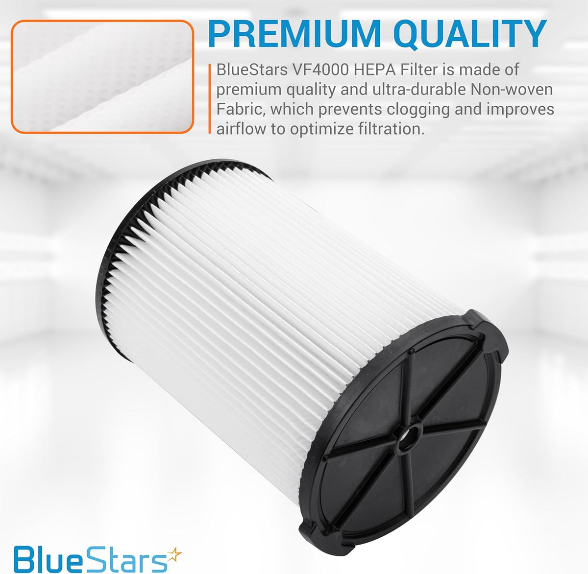 Single VF4000 replacement vacuum filter for RIDGID wet dry vacs with non-woven fabric detail inset.