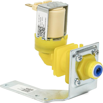 Water inlet valve for Manitowoc ice machines with yellow plastic housing and metal mounting bracket.