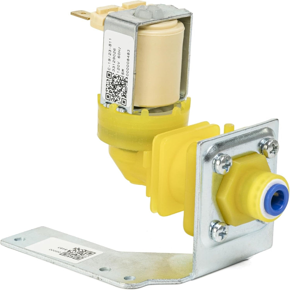 Water inlet valve for Manitowoc ice machines with yellow plastic housing and metal mounting bracket.