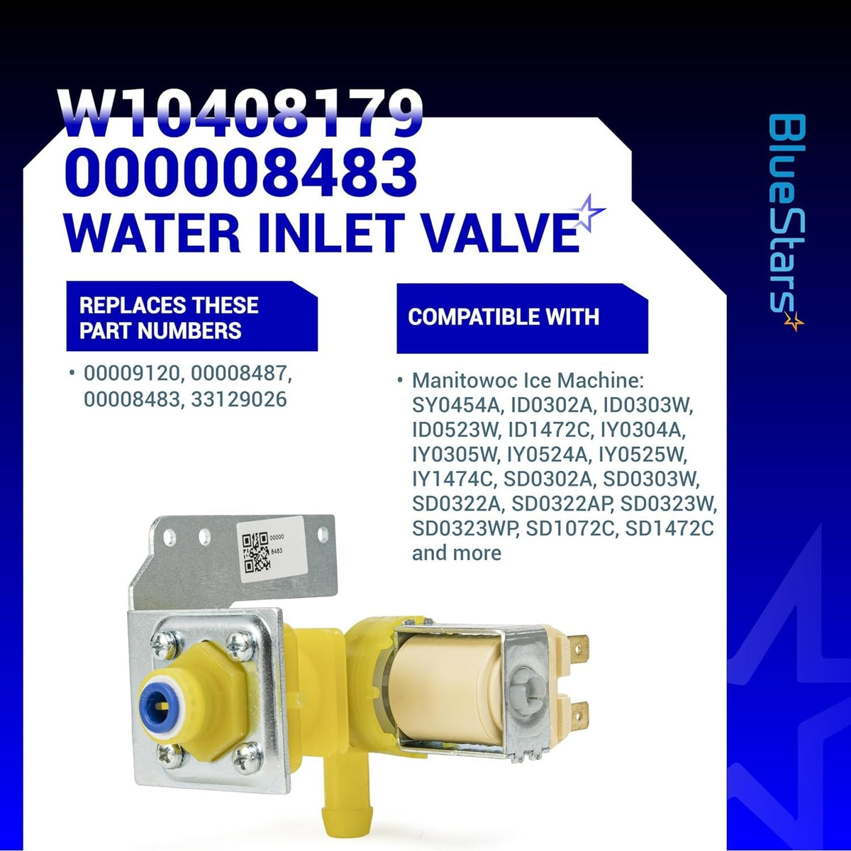 Water inlet valve for Manitowoc ice machines with compatibility and replacement part number information graphic.