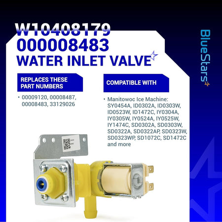 Water inlet valve for Manitowoc ice machines with compatibility and replacement part number information graphic.