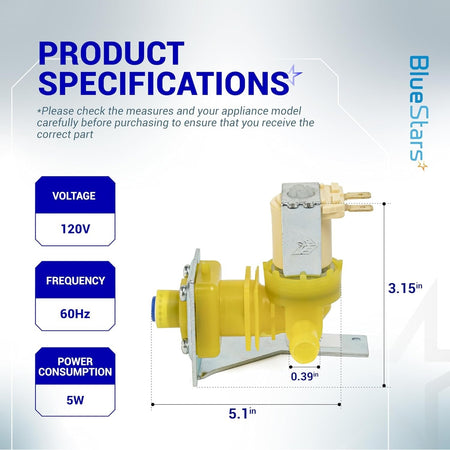 Water inlet valve for Manitowoc ice machines showing 120V specifications and dimensions.
