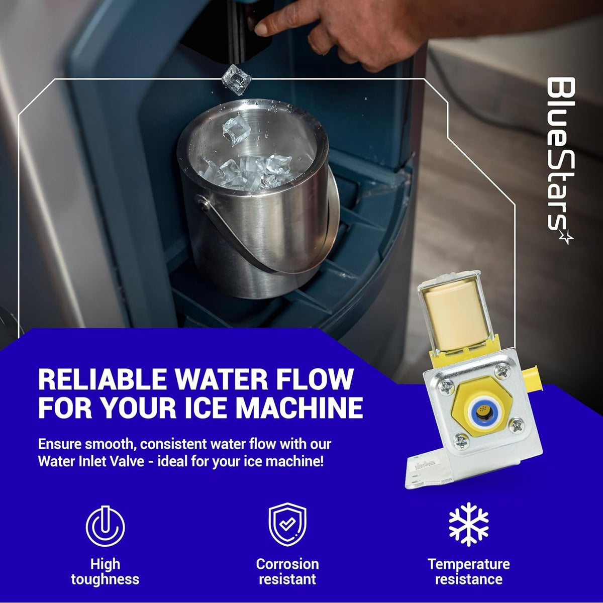 Water inlet valve for Manitowoc ice machines shown in a promotional graphic with features and ice bucket background.