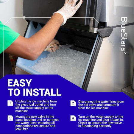 Installation guide for Manitowoc ice machine water inlet valve replacement showing four easy steps.