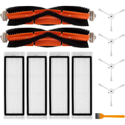 Replacement parts kit for Roborock robot vacuums including 2 roller brushes, 4 side brushes, 4 filters, and a brush tool.