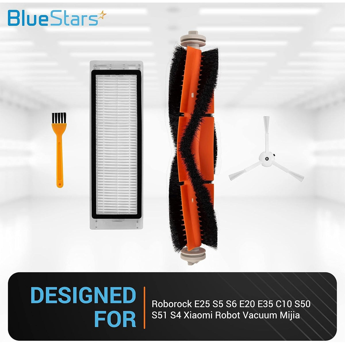Replacement roller brush, side brush, filter, and cleaning tool for Roborock and Xiaomi robot vacuums.
