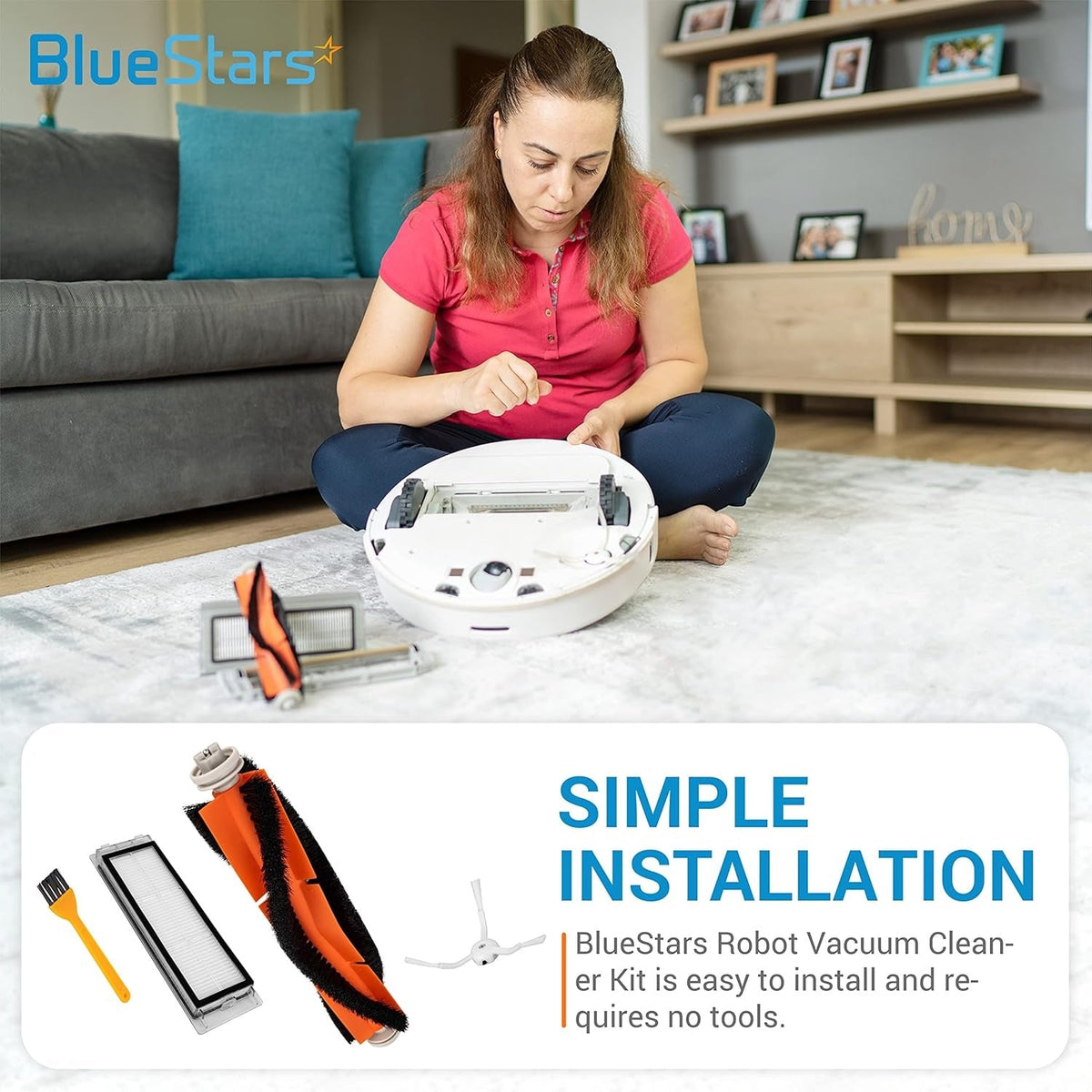 Woman installing replacement roller brush and filter into a Roborock robot vacuum cleaner.