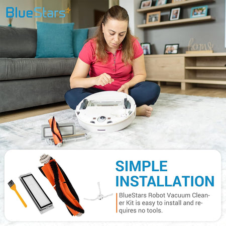 Woman installing replacement roller brush and filter into a Roborock robot vacuum cleaner.