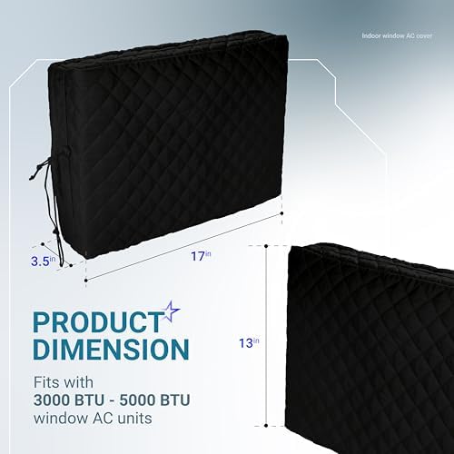 Black quilted indoor window AC cover showing 17 x 13 x 3.5 inch dimensions for 3000-5000 BTU units.