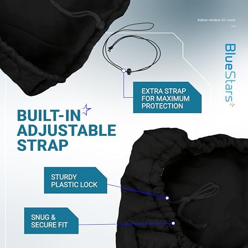 Black indoor window AC cover showing adjustable strap, plastic lock, and extra strap for a secure fit.