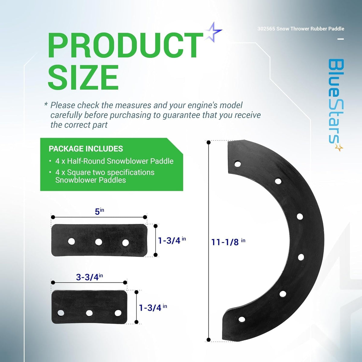 Dimensional diagram showing sizes for 302565MA snow thrower rubber paddles including half-round and square styles.