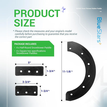 Dimensional diagram showing sizes for 302565MA snow thrower rubber paddles including half-round and square styles.