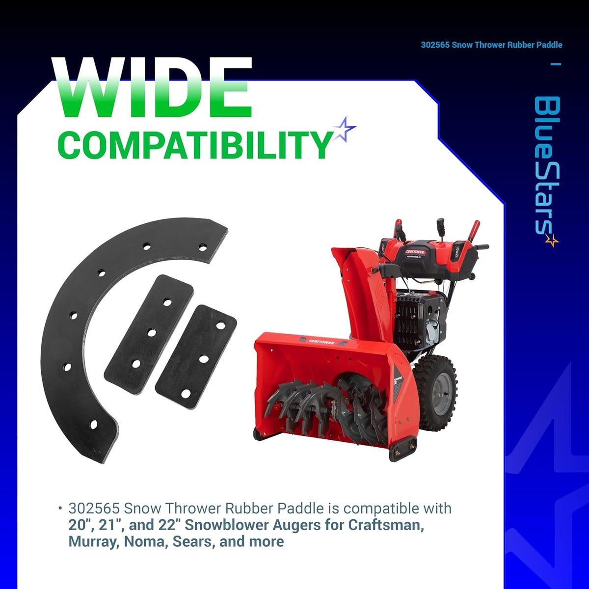 302565MA snow thrower rubber paddle replacement parts shown with a compatible red snowblower.
