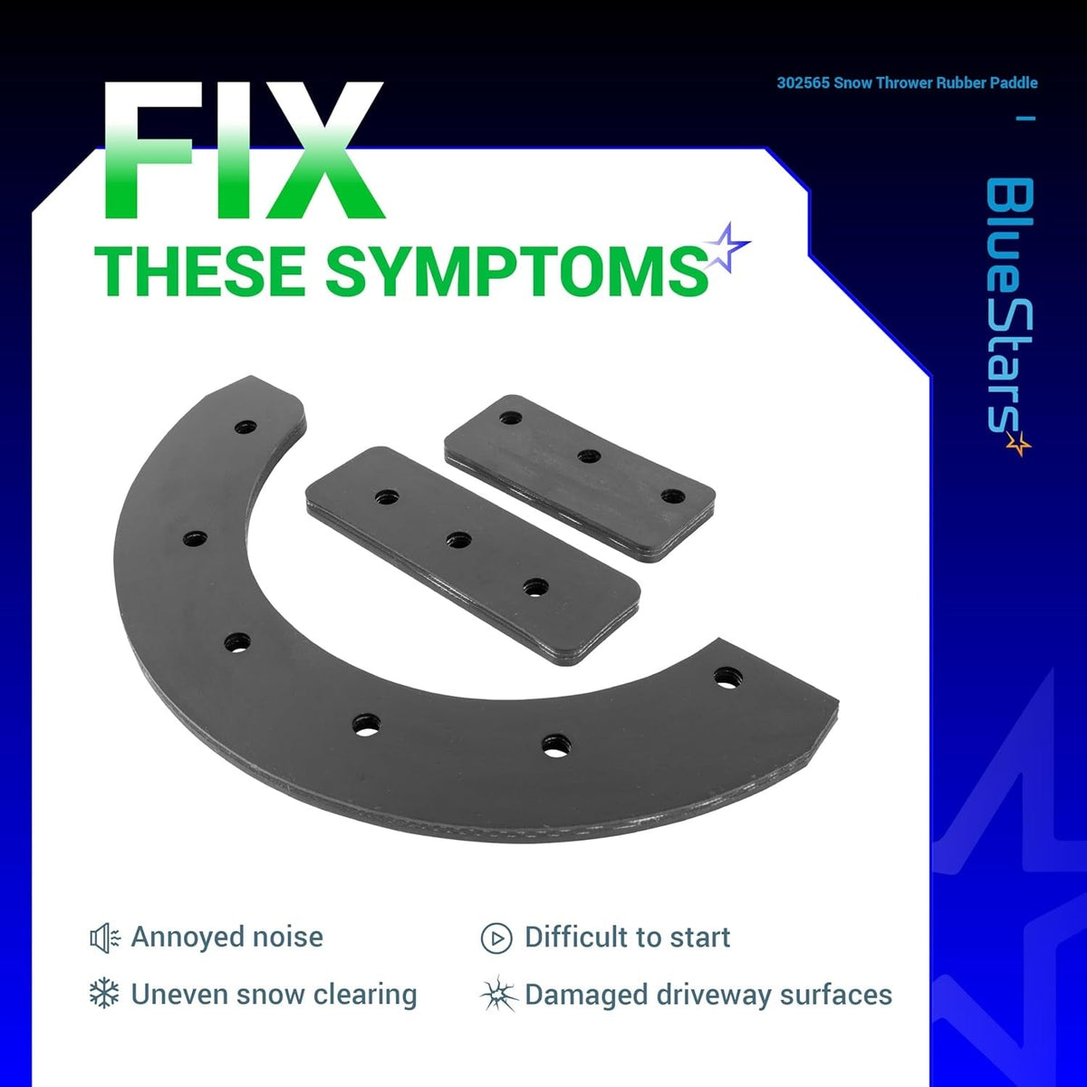 Replacement rubber paddle set for snow thrower 302565MA including curved and straight blades.