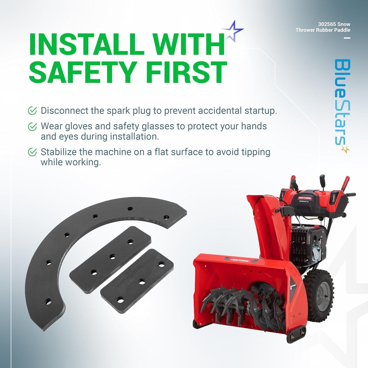 302565MA snow thrower rubber paddle replacement kit with safety installation instructions and compatible snow blower.