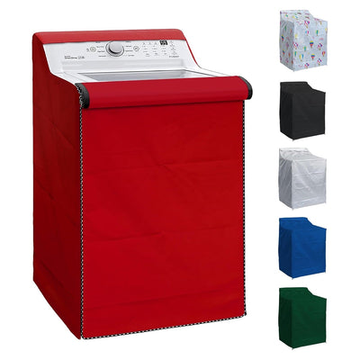 Red premium outdoor top-load washing machine cover with black trim detail.