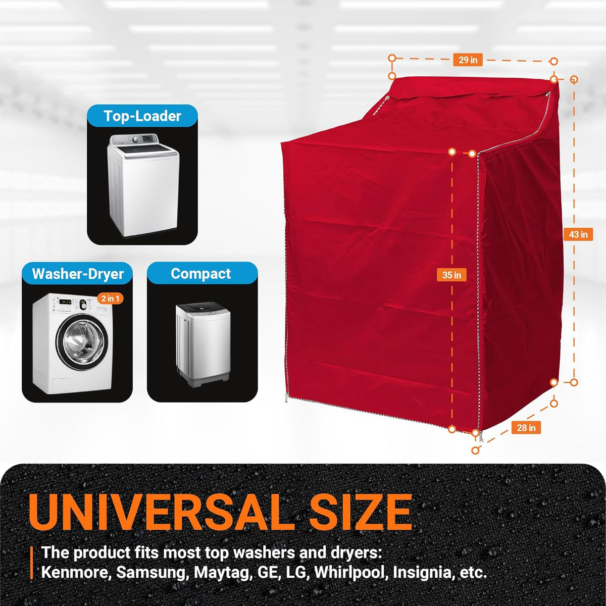 Red top-load washing machine cover with dimension diagram and compatibility icons for various washer and dryer models.