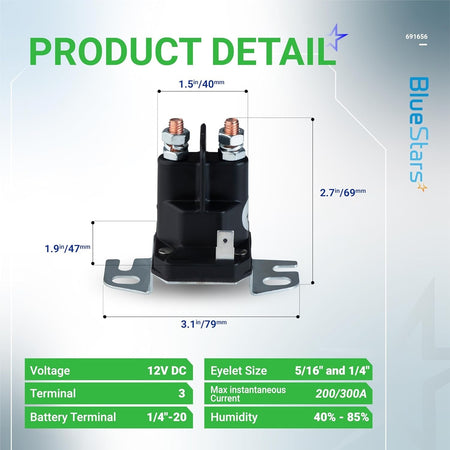 Dimensional diagram of 691656 lawn mower starter solenoid showing measurements and technical specifications.