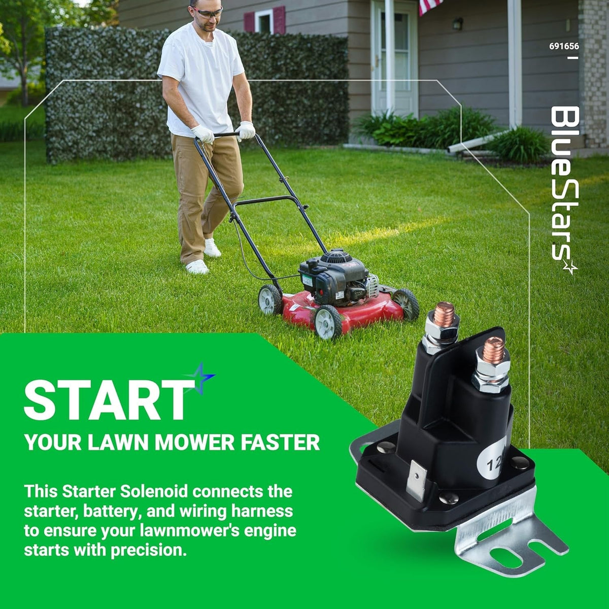 691656 lawn mower starter solenoid replacement part shown with a man mowing the lawn in the background.