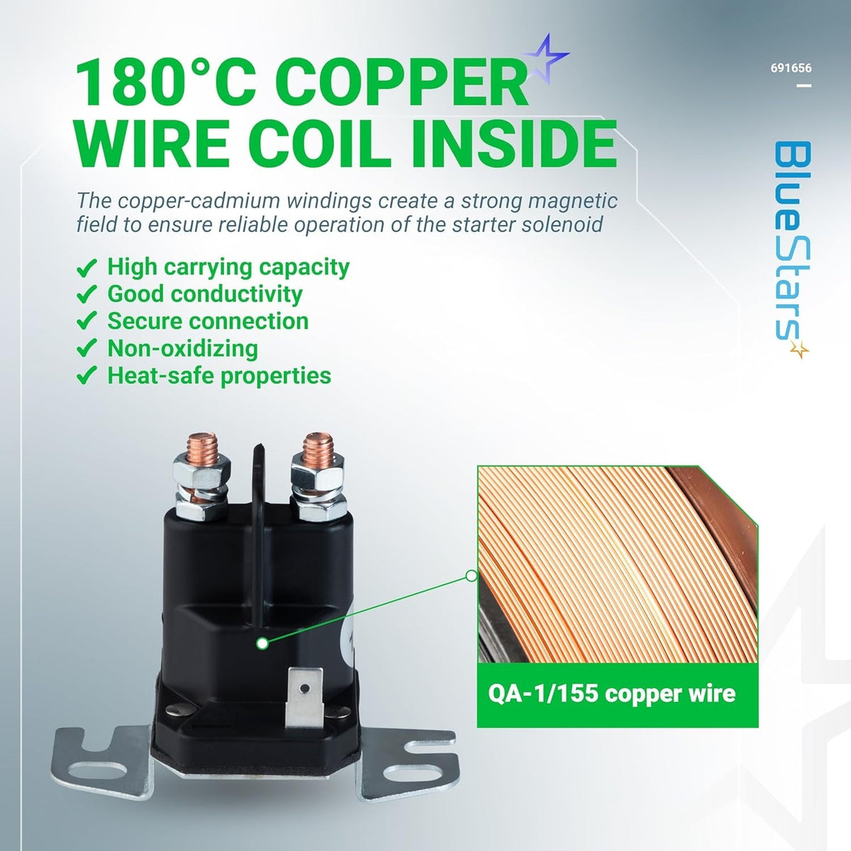 691656 lawn mower starter solenoid showing internal 180°C copper wire coil construction details.
