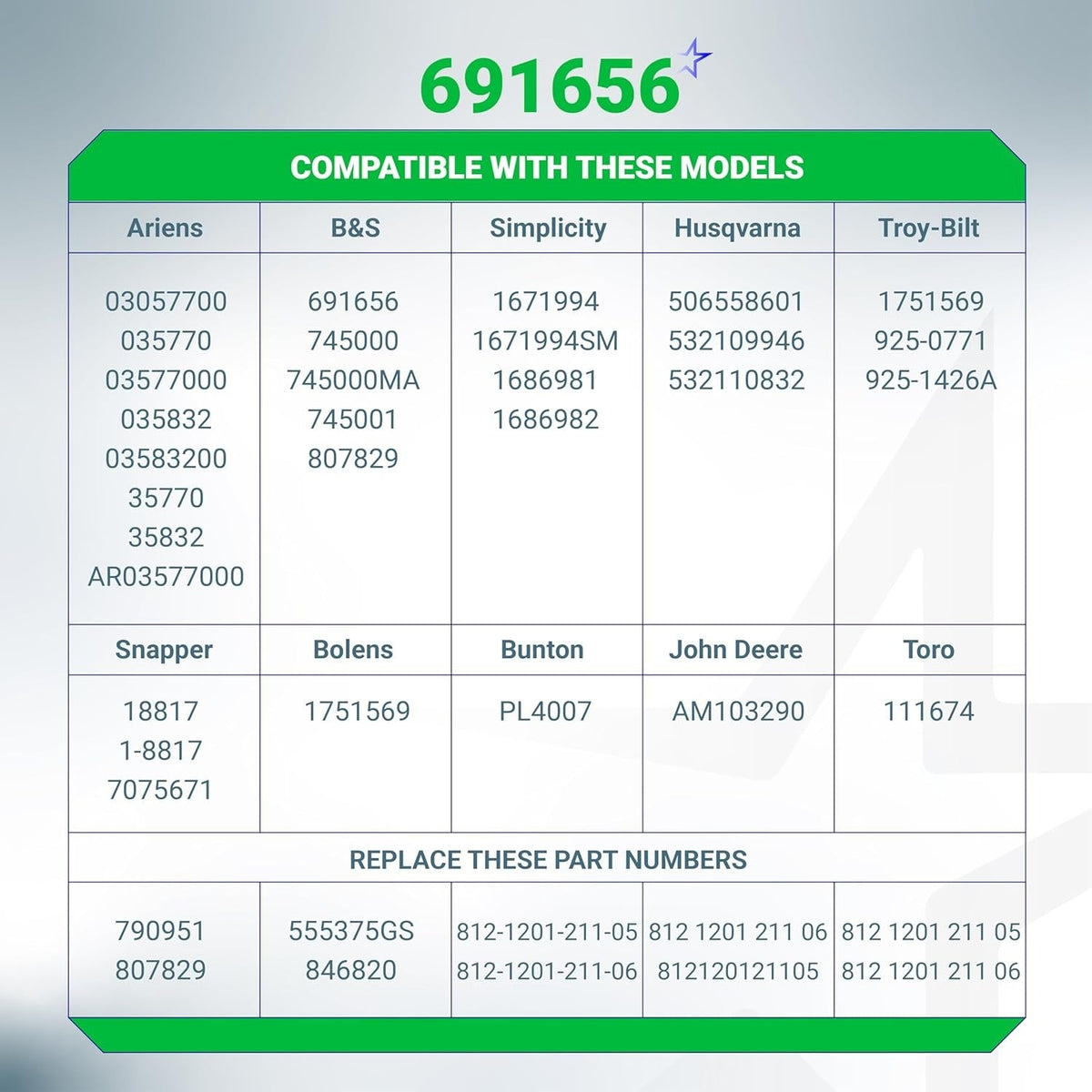 Compatibility chart for 691656 lawn mower starter solenoid listing compatible models and replacement part numbers.