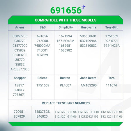 Compatibility chart for 691656 lawn mower starter solenoid listing compatible models and replacement part numbers.