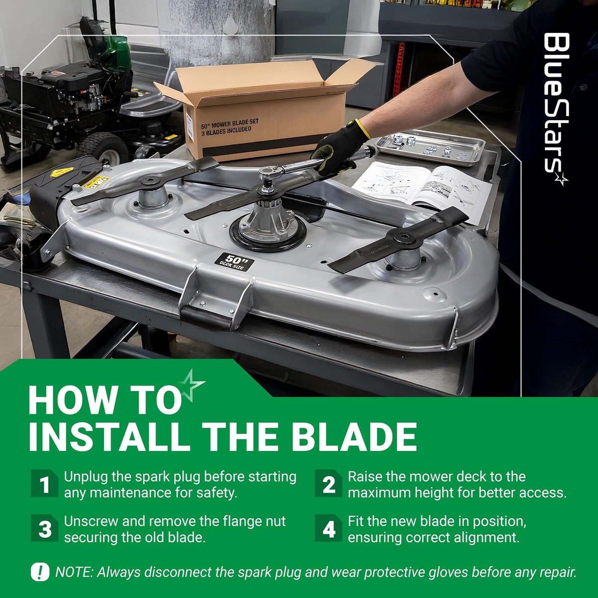 Installation guide showing how to replace 50-inch mower blades on a Toro TimeCutter mower deck.
