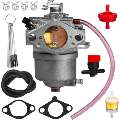 15003-2796 carburetor kit including carburetor, fuel line, gaskets, filters, cleaning tools, and hose clamps.
