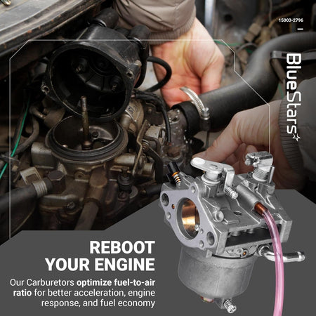 15003-2796 carburetor replacement part shown next to an engine being repaired.