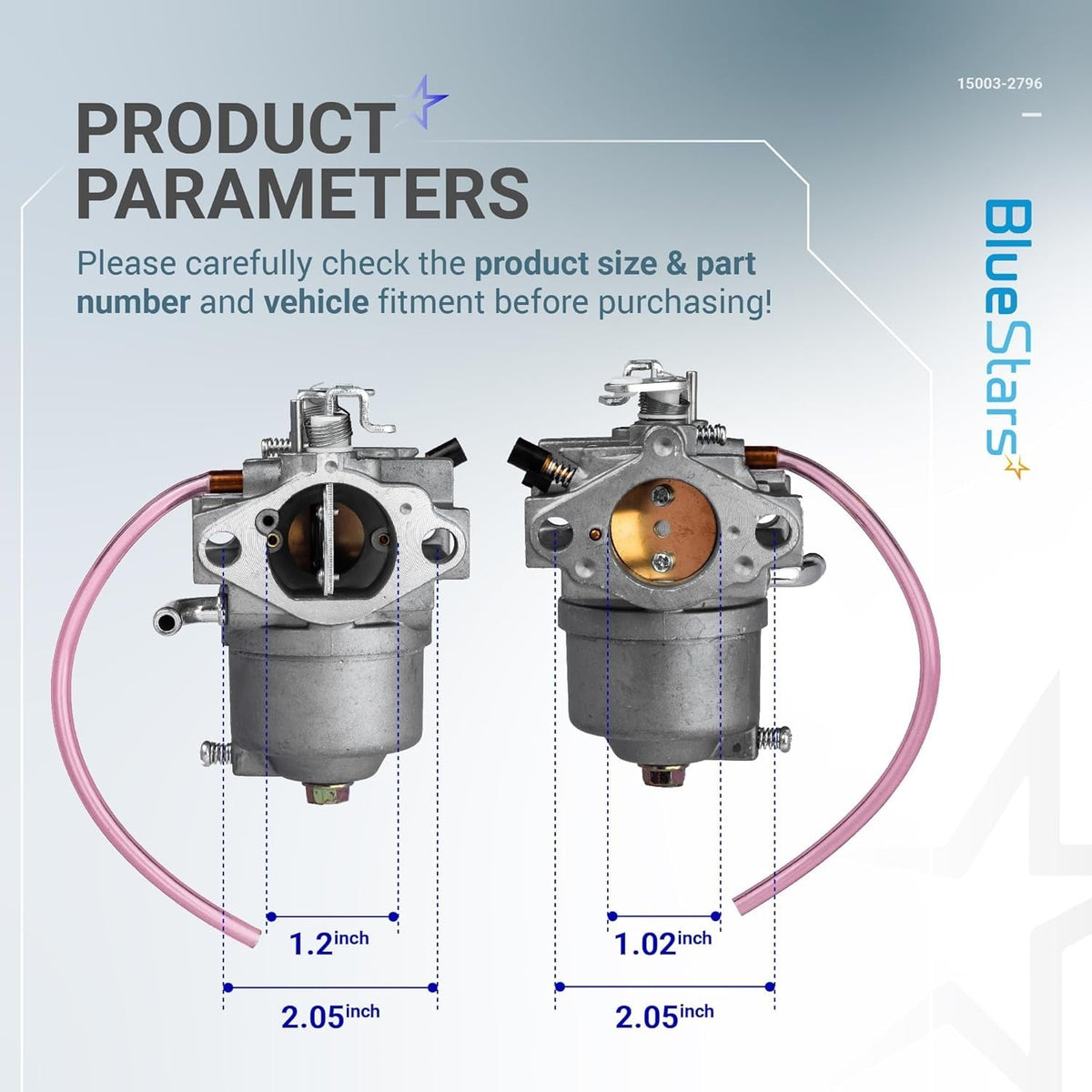 15003-2796 carburetor kit showing dimensional measurement diagram for intake and mounting hole spacing.