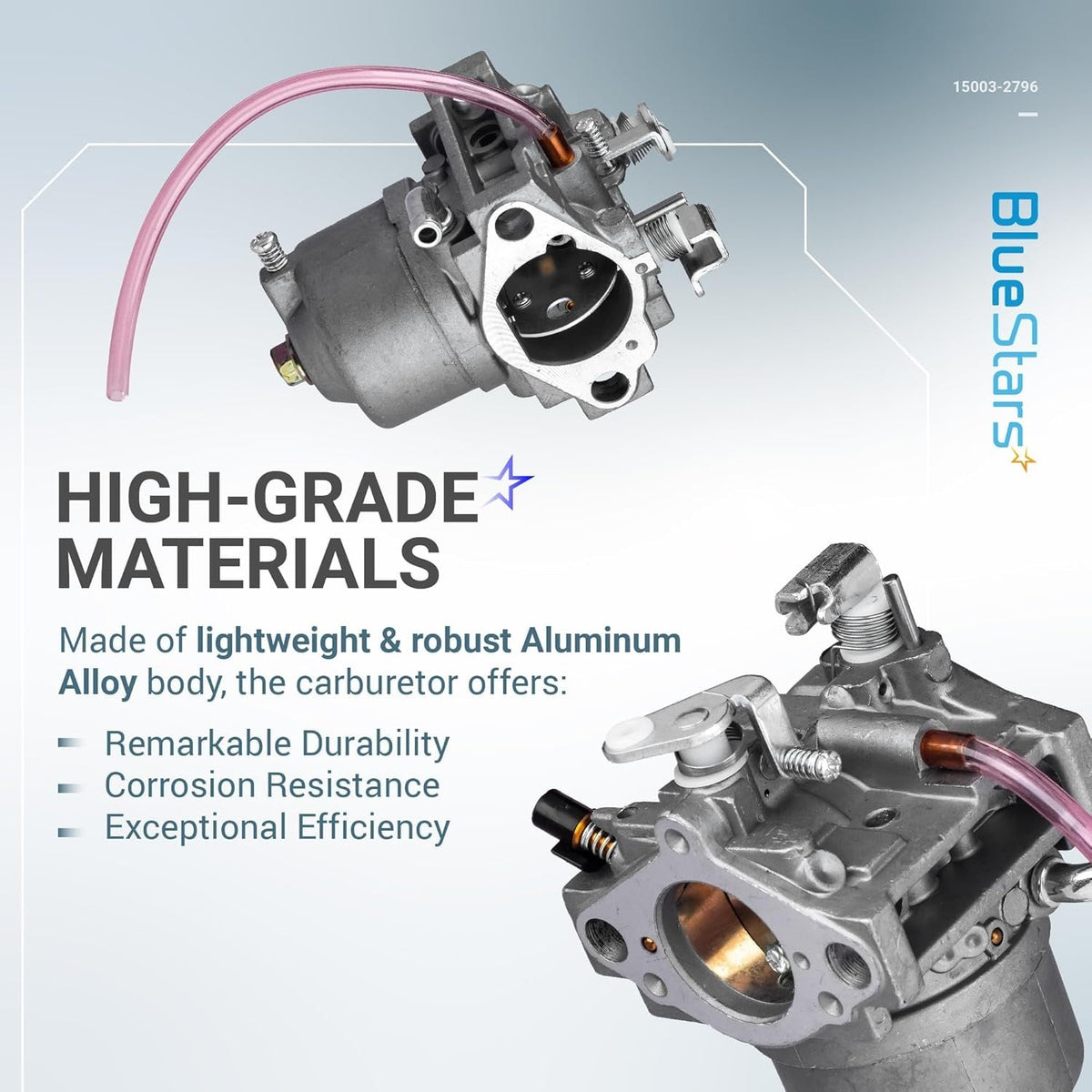 Two views of the 15003-2796 aluminum alloy carburetor showing the intake, throttle linkage, and fuel line.