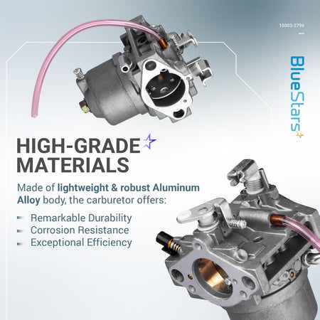 Two views of the 15003-2796 aluminum alloy carburetor showing the intake, throttle linkage, and fuel line.