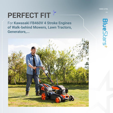 Man mowing lawn with walk-behind mower compatible with 15003-2796 carburetor kit for Kawasaki FB460V engines.