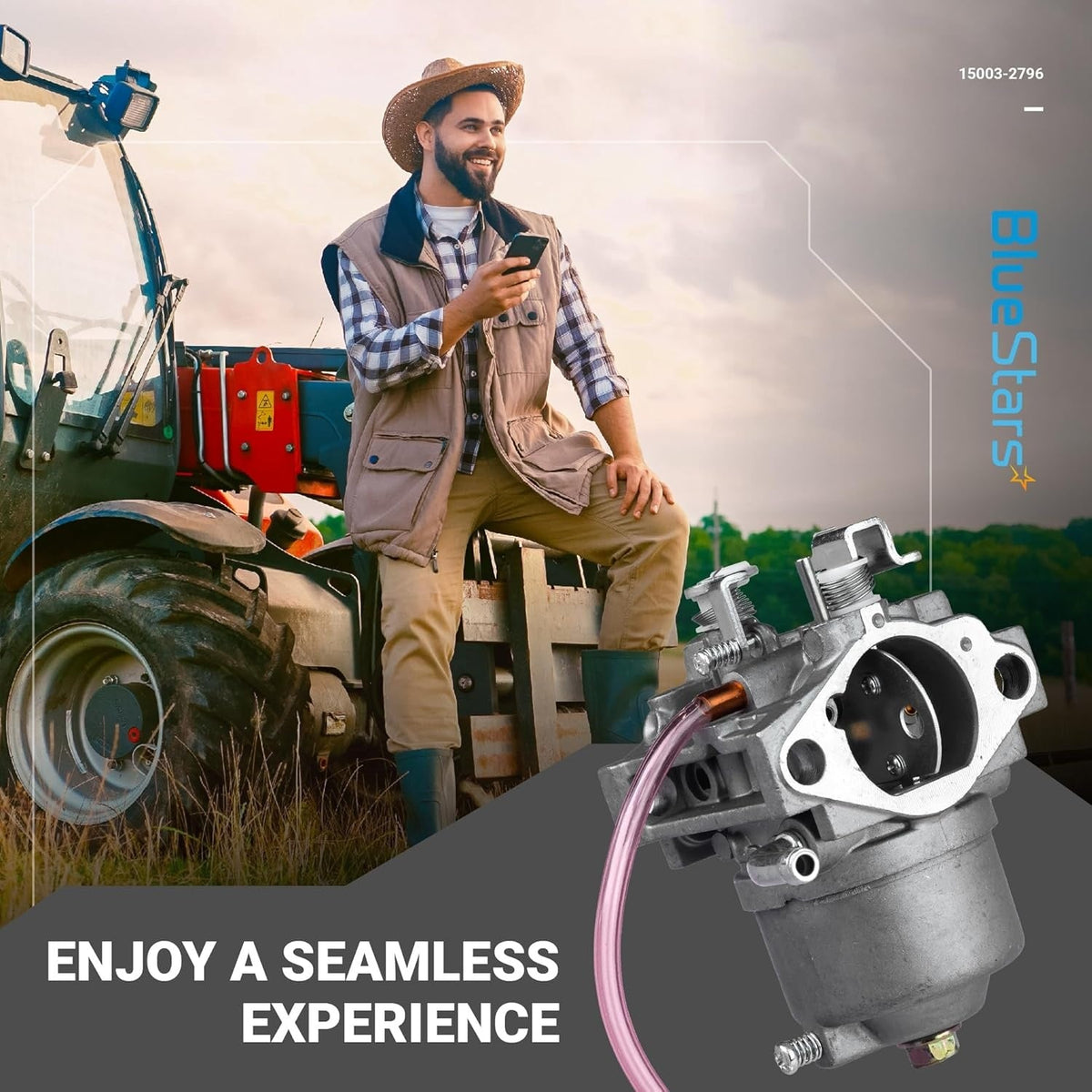 15003-2796 carburetor replacement part for small engines shown in a lifestyle marketing graphic.