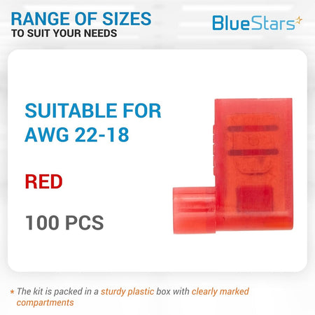 Close-up of a single red female flag spade terminal for 22-18 AWG wire.